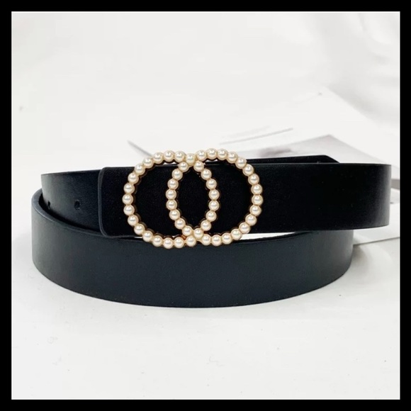 PEARL BUCKLE BLACK BELT DOUBLE CIRCLE